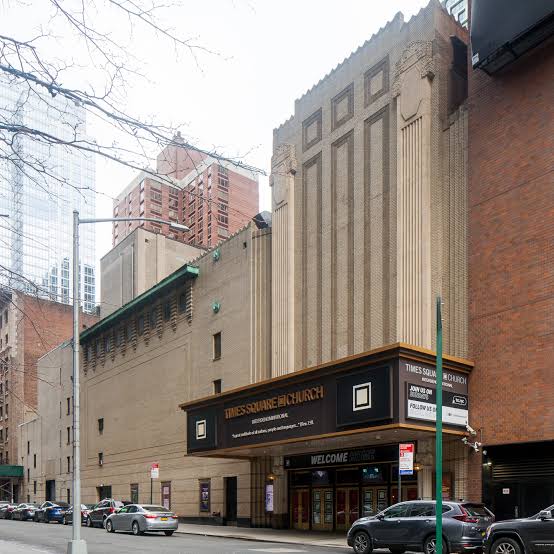 Historic exterior of the Mark Hellinger Theatre, home of Times Square Church